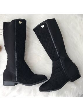 Stuart Weitzman Black Quilted Knee Boots with Gold Heart Accent